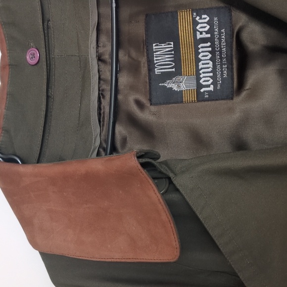 Men's Olive Green London Fog Trench Coat with Leather Collar - Picture 2 of 3